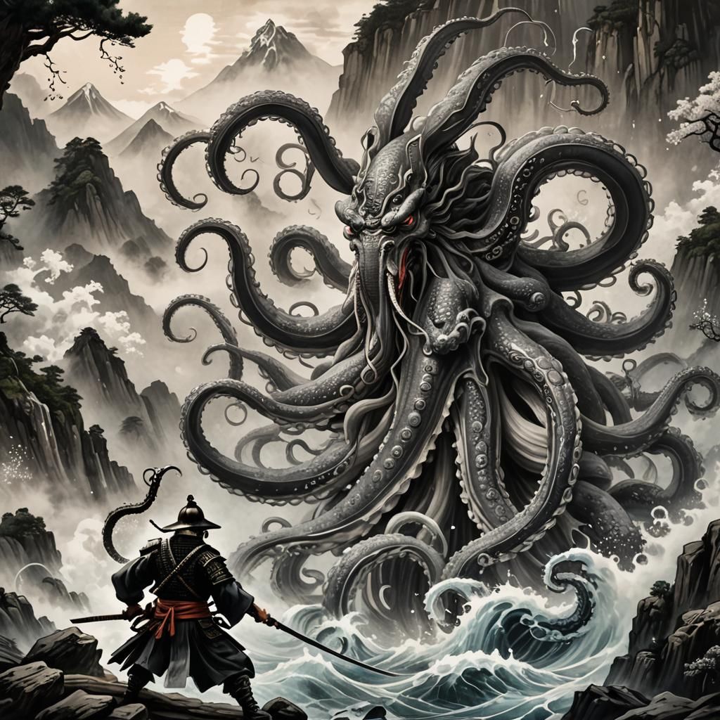 Samurai vs Octopus in Ukiyo-e Ink Wash Painting