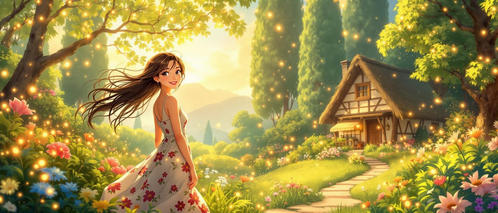 Lush Garden Scene in Miyazaki Animation Style
