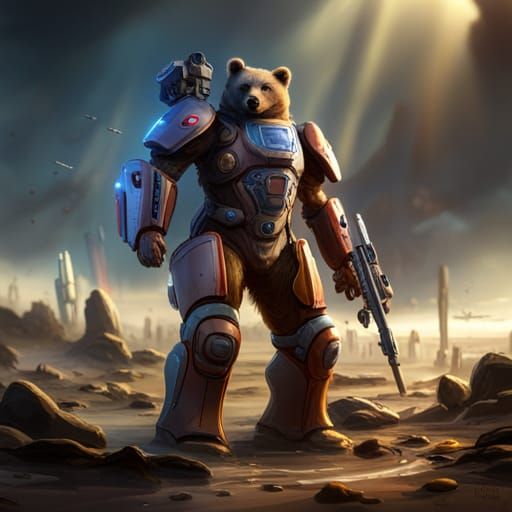 Cyberpunk Bear Soldier in Sci-Fi Armor