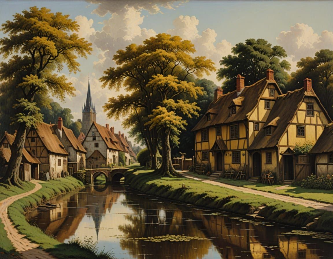 Rustic Village Scene in Warm Oil Painting