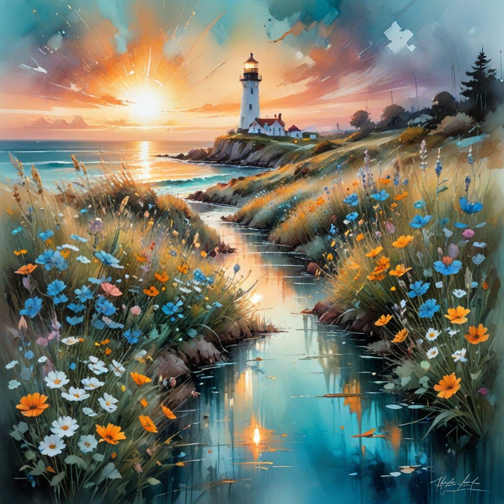 Turquoise Wildflower Fields with Sunset Reflection