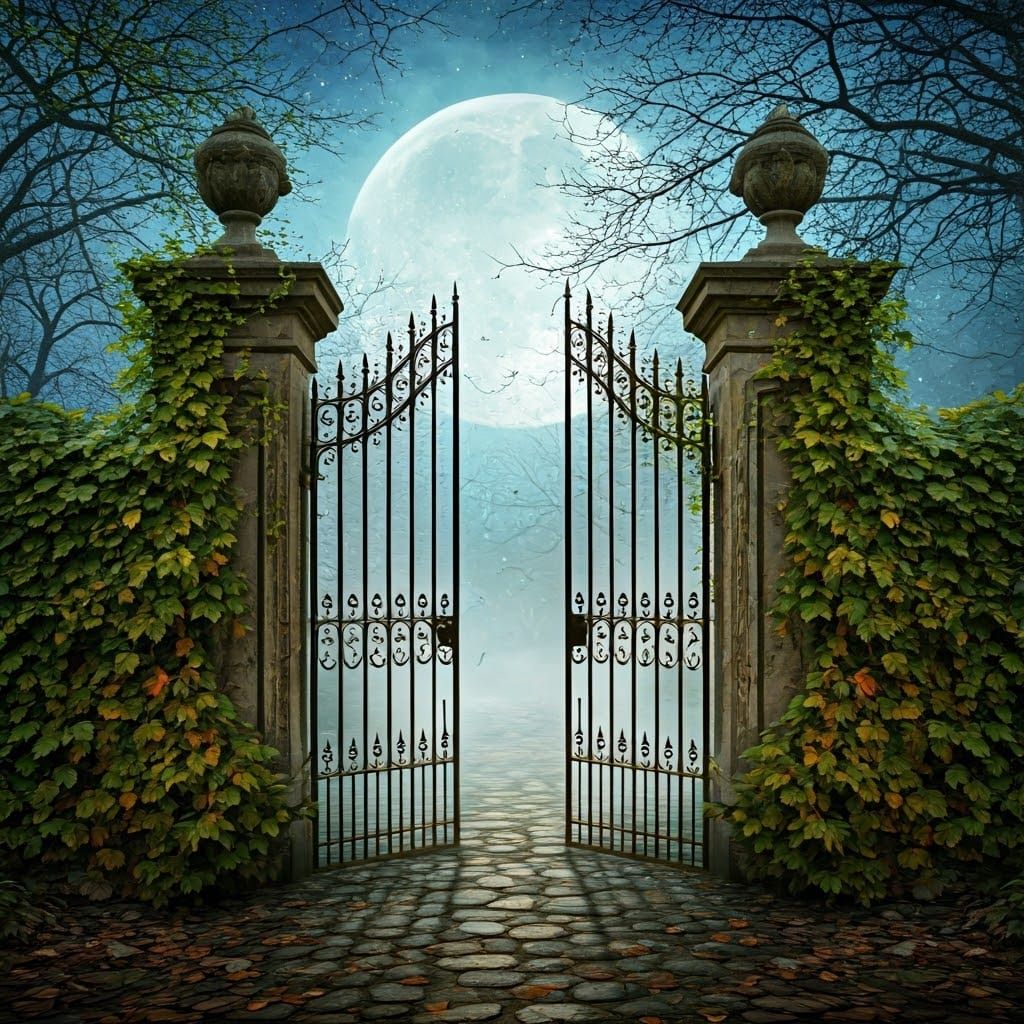 Mystical Iron Gate in Moonlit Night