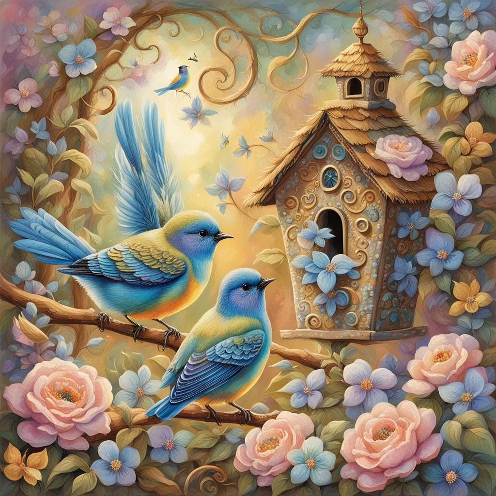 Birds and Girl at Golden Door: Storybook Illustration