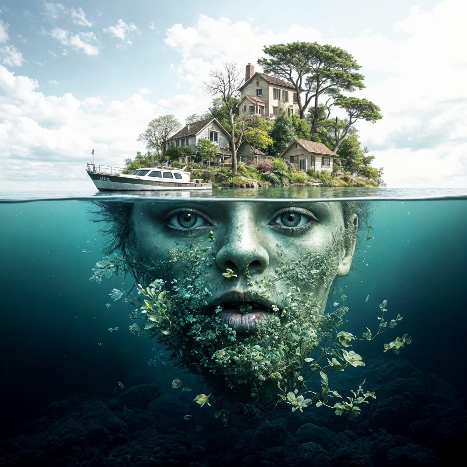 Surreal Optical Illusion: Above and Below Water Face