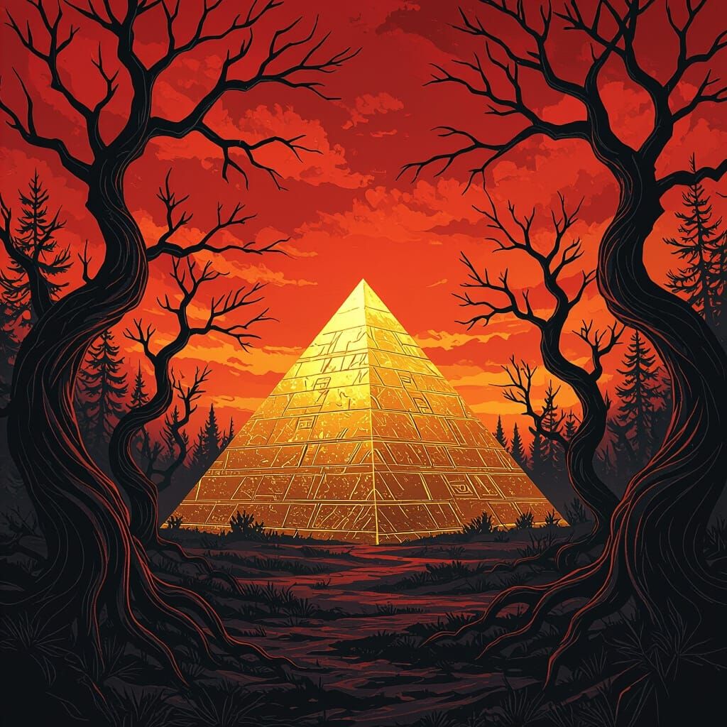 Golden Pyramid in Dark Forest: Sci-Fi Concept Art