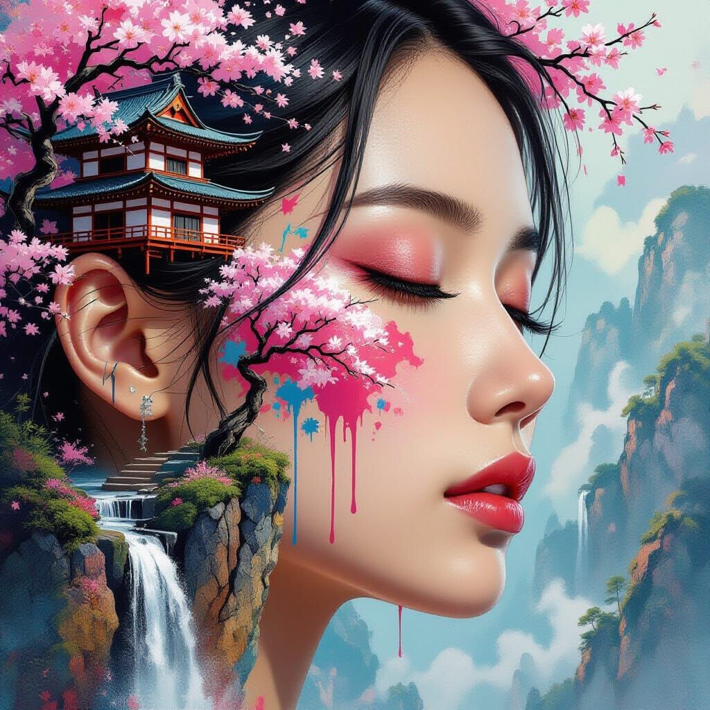 Woman's Face Adorned with Graffiti Cherry Blossoms