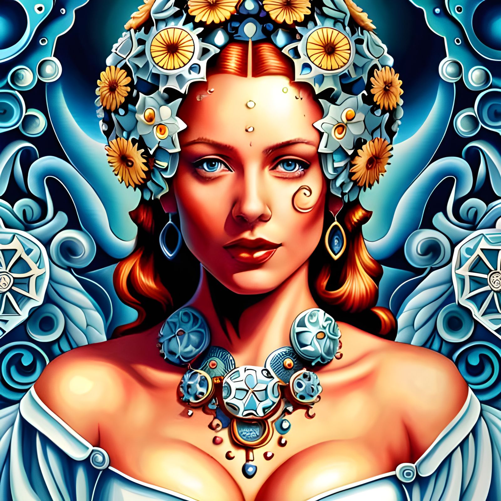 Steampunk Goddess Portrait with Intricate Floral Design