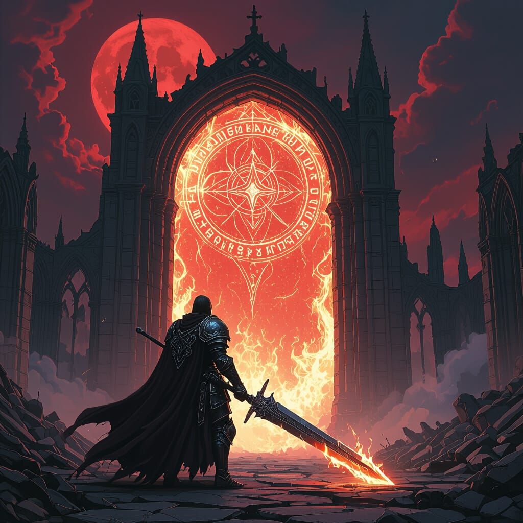 Knight guarding portal in dark fantasy style