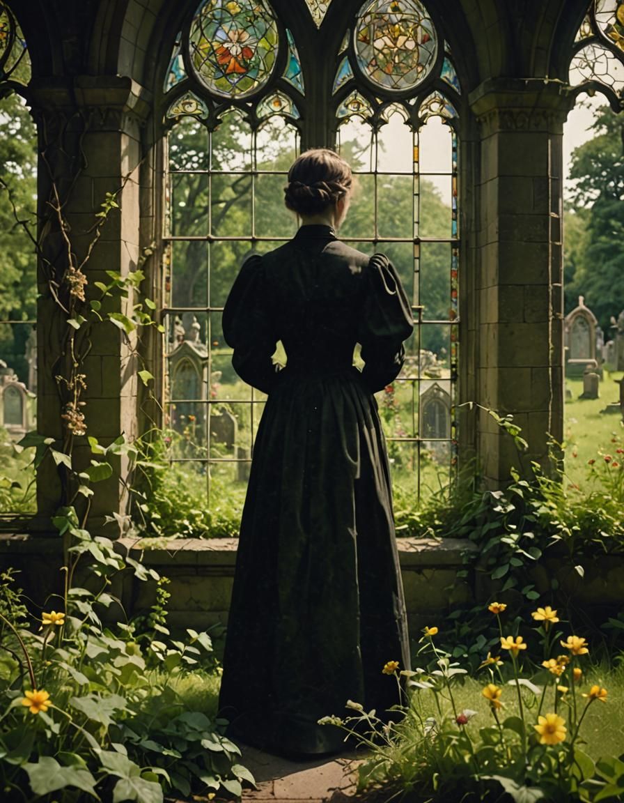 Victorian Woman in Overgrown Graveyard Photograph