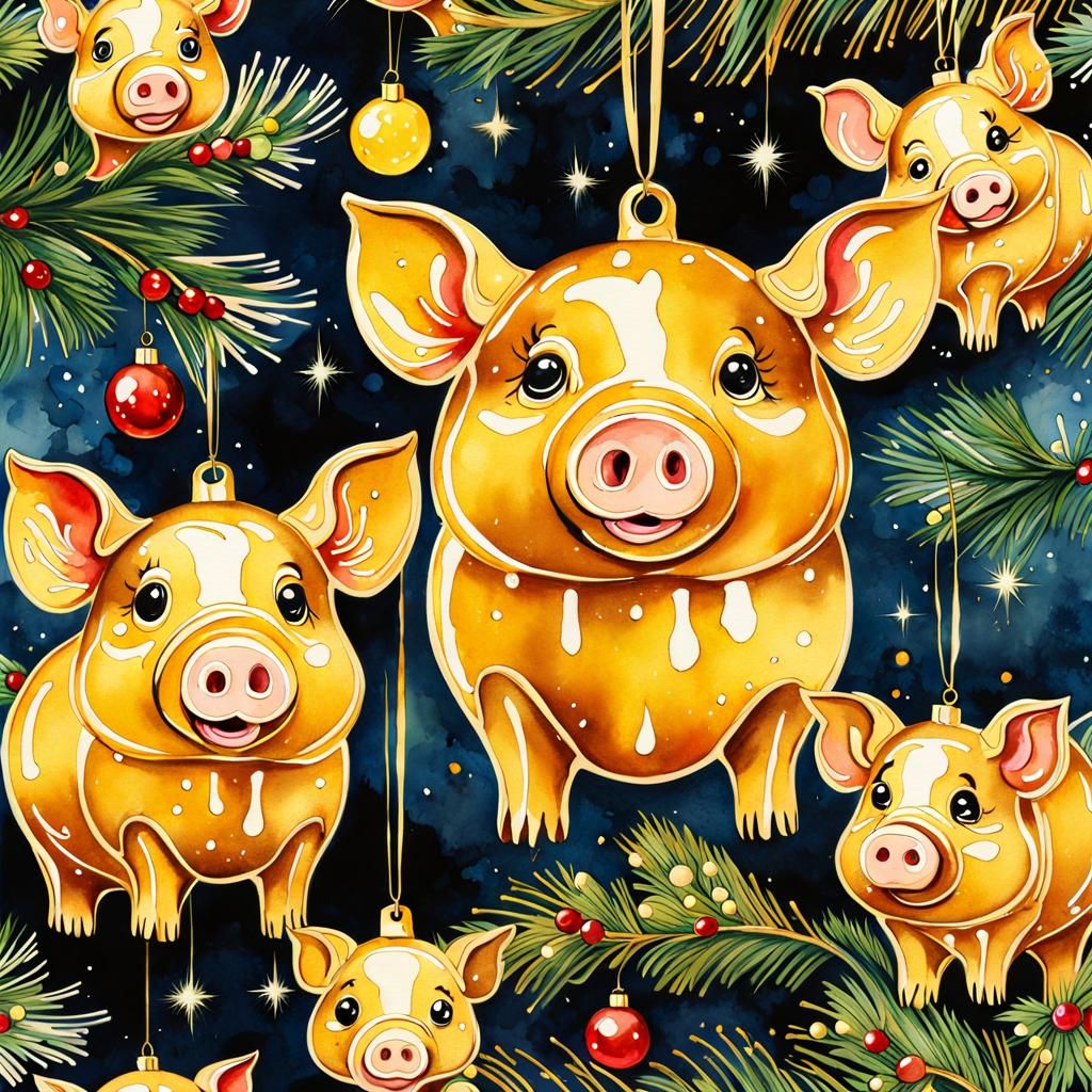 Golden Glass Pigs on Christmas Tree in Art Nouveau Style