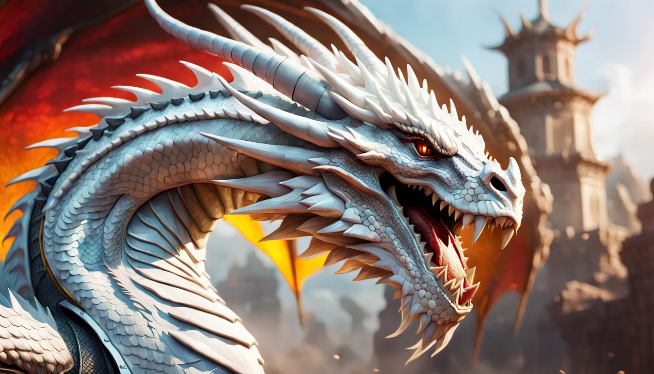 Armored White Dragon in Battle: Hyperrealistic Concept Art