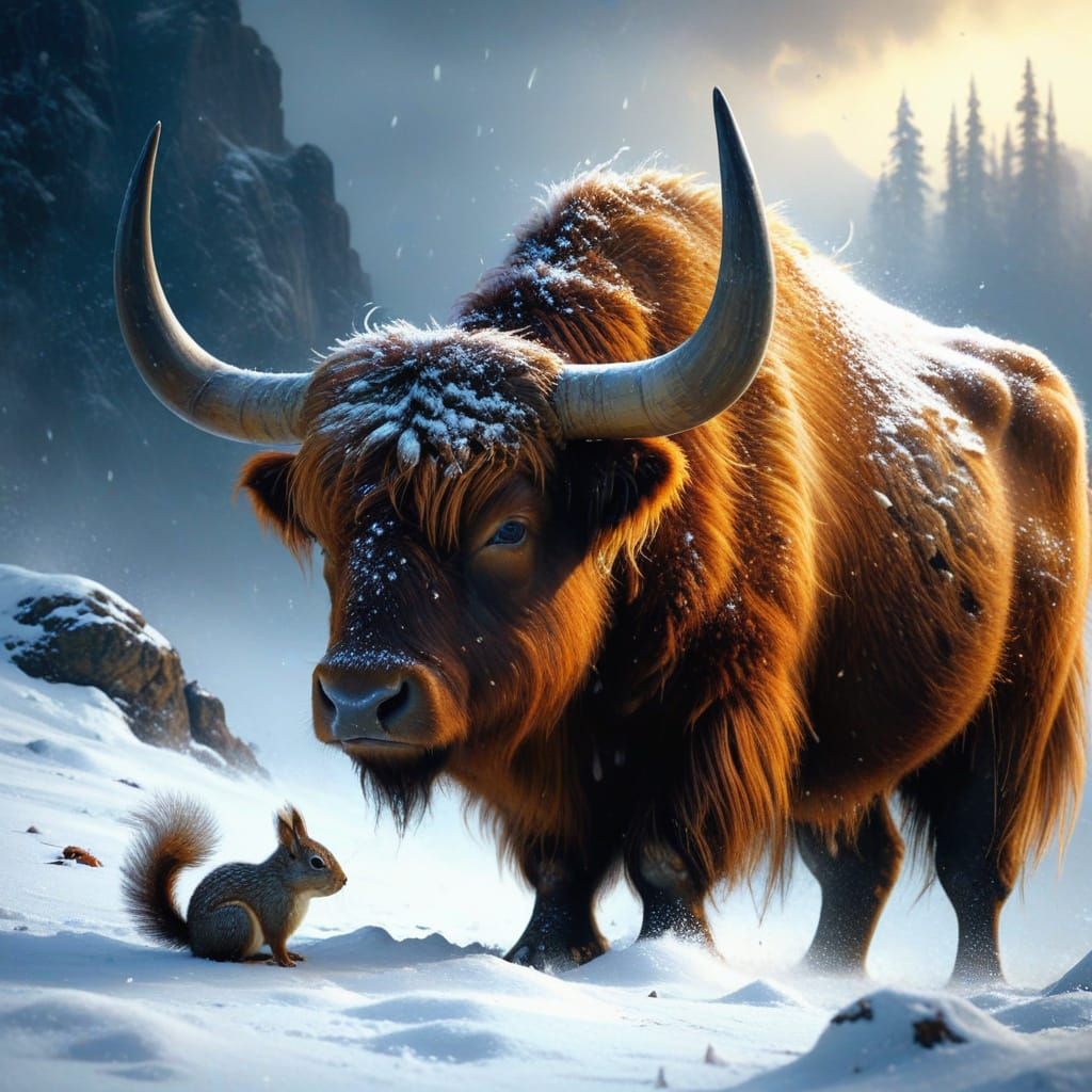 Surreal Blizzard Scene with Yak and Squirrel