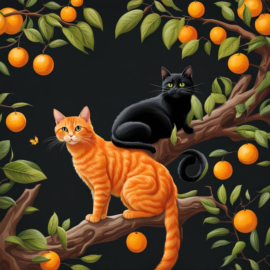 Orange Cat and Black Cat in a Tree