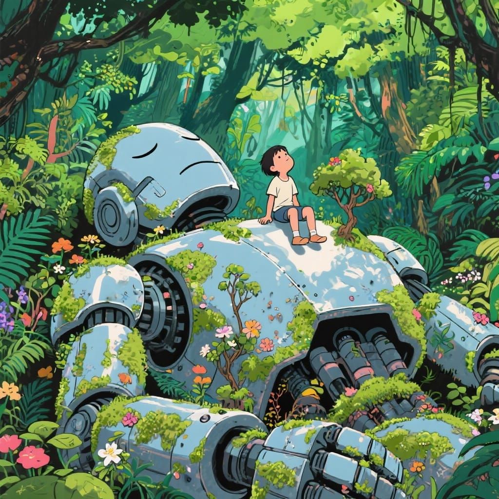 Child on Colossal Robot in Overgrown Jungle, Ukiyo-e Style
