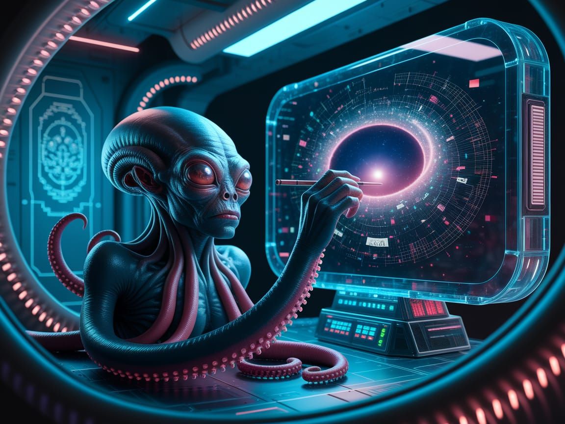 Octopus Alien Painting Cosmic Galaxy in Synthwave Style
