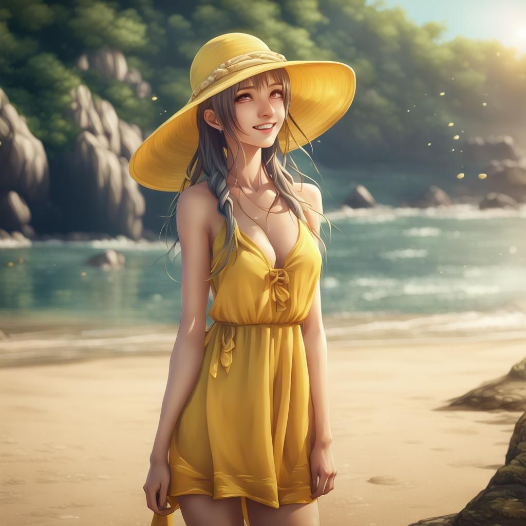 Anime Girl on Beach in Detailed Matte Painting