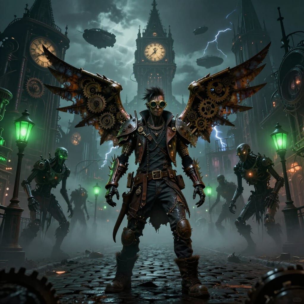 Steampunk City at Midnight in Punk Horror Style