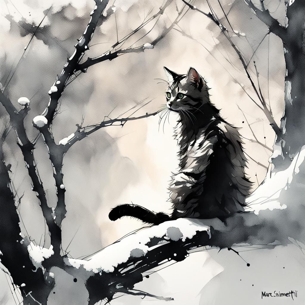 Happy Tabby Cat Climbing Snowy Tree in Ink Style