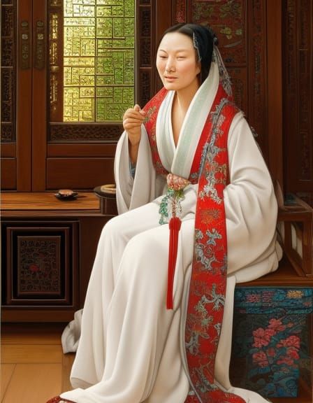 17th century natural looking Chinese peasant woman in her ho...