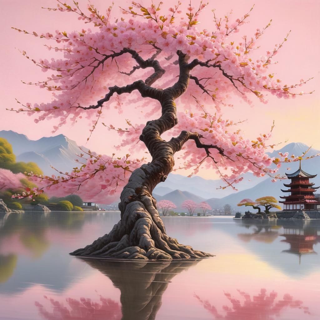 Sakura Tree by Lake: A Surrealist Oil Painting