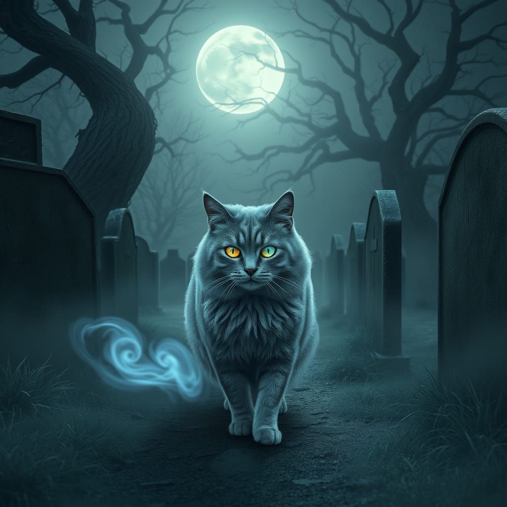 Mysterious Blind Cat Strolls Through Foggy Graveyard Under L...