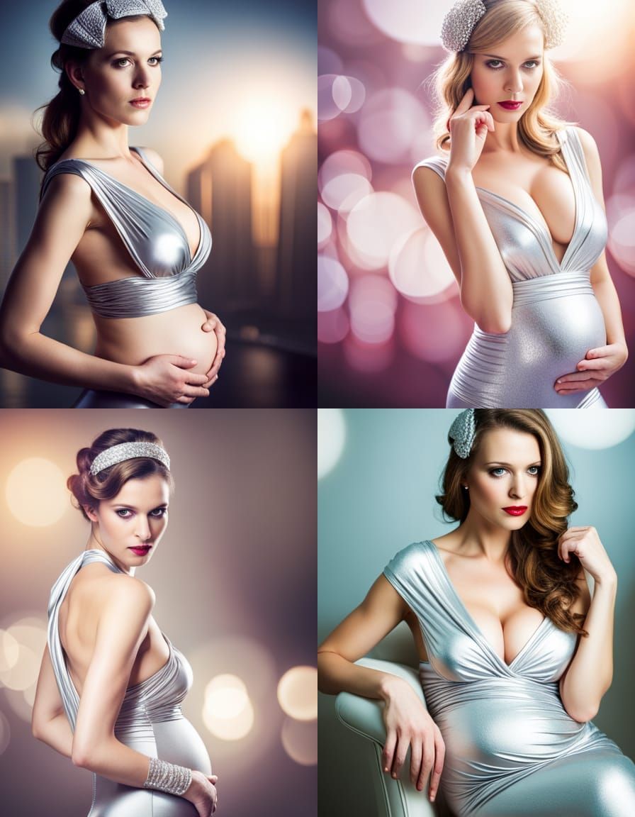 Pregnant Woman Portrait in Silver Catsuit, Professional Phot...