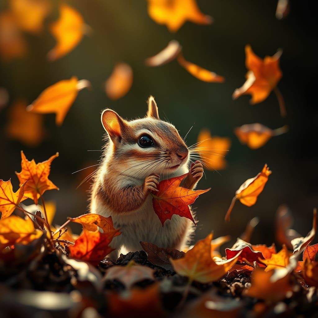 Chipmunk Playing With Autumn Leaves - Wildlife Photography