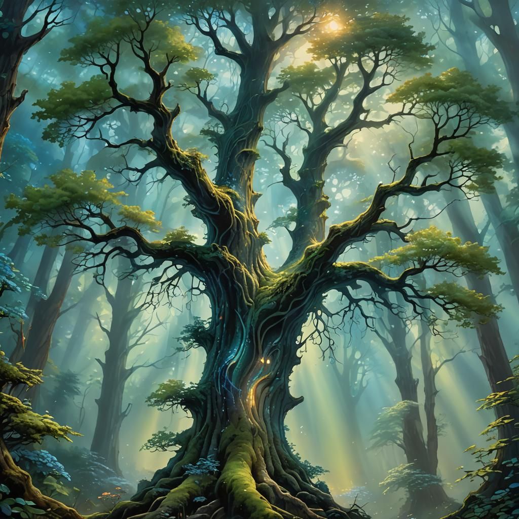 Enchanted Forest Stump with Fireflies in Ethereal Style