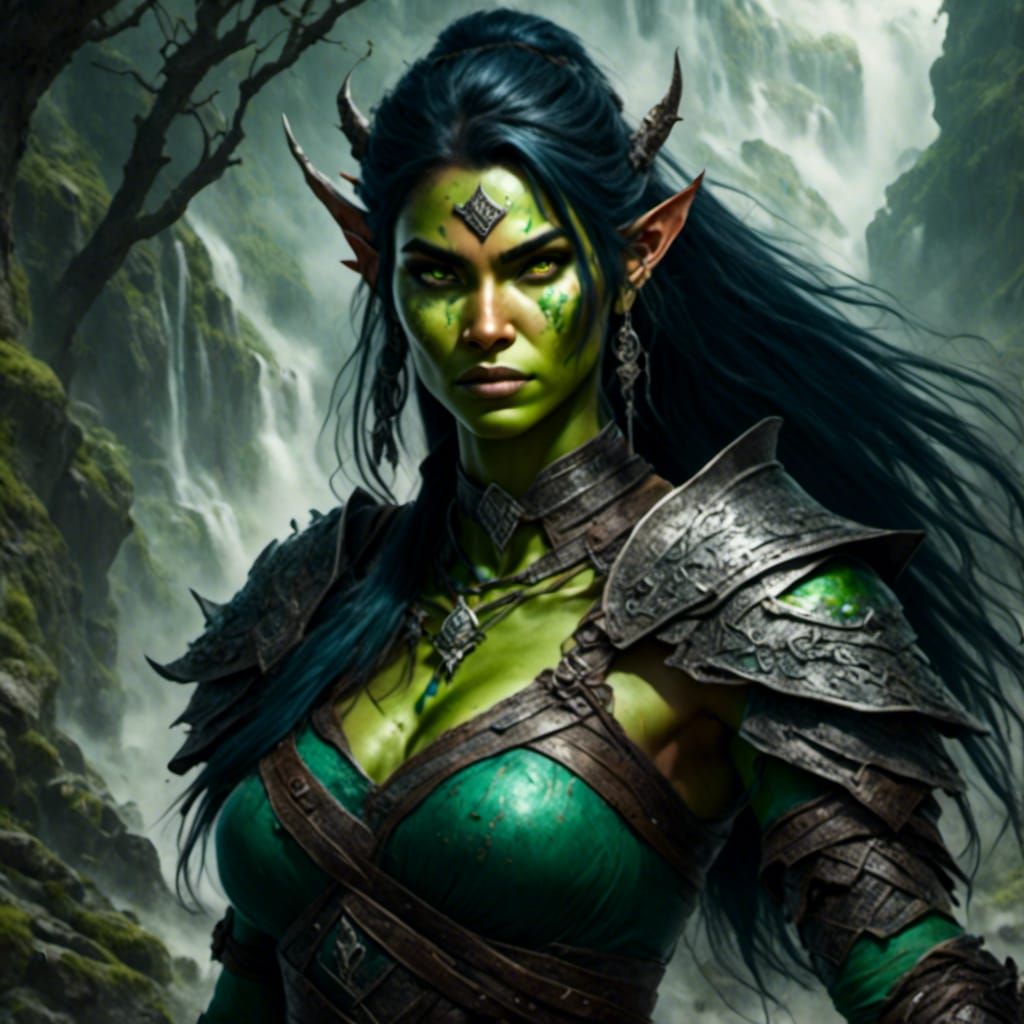 Green-Skinned Half-Orc Warrior in Detailed Matte Painting