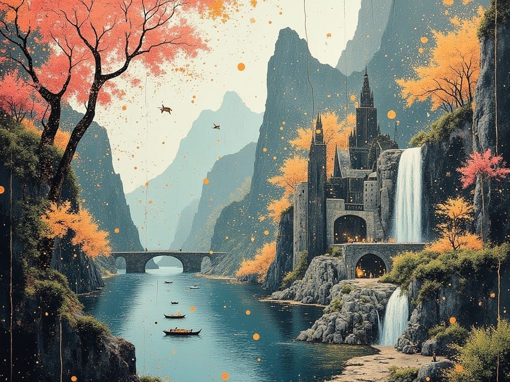 Fantastical Cityscape with Lush Greenery and Ancient Arches