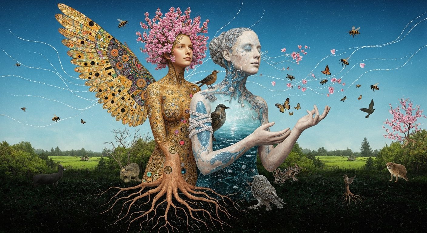 Surreal Fragmented Sculpture of Woman with Iridescent Wings