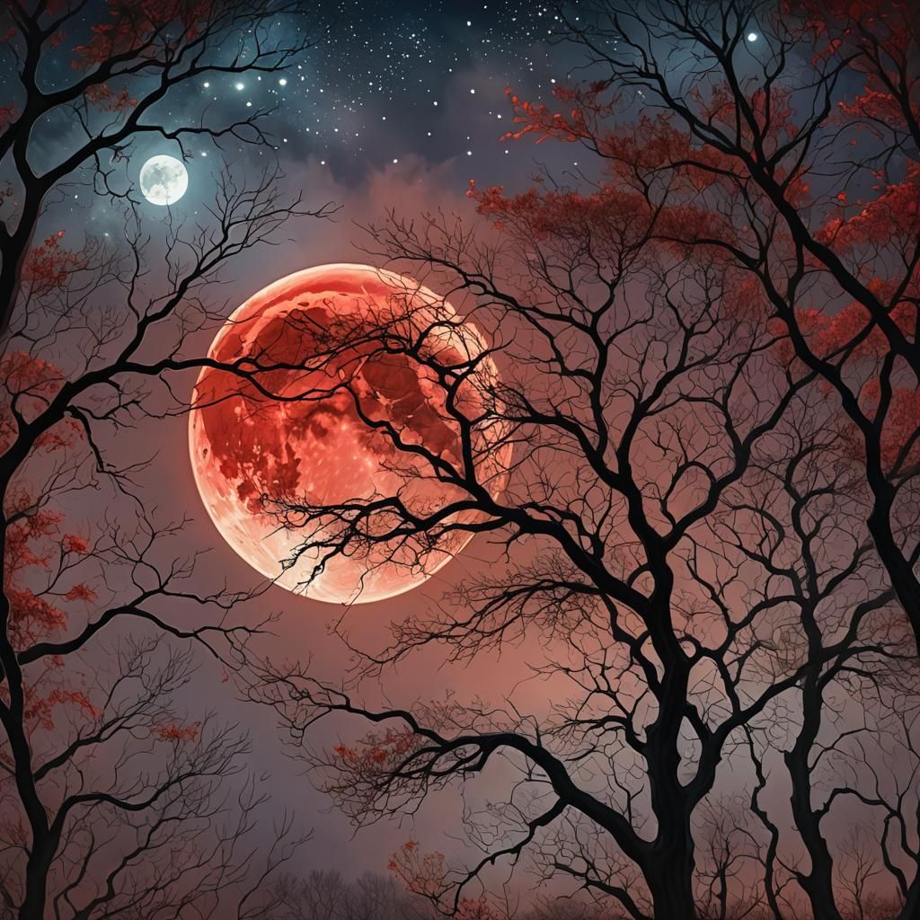 Enchanting Red Moonrise in a Surreal Digital Painting