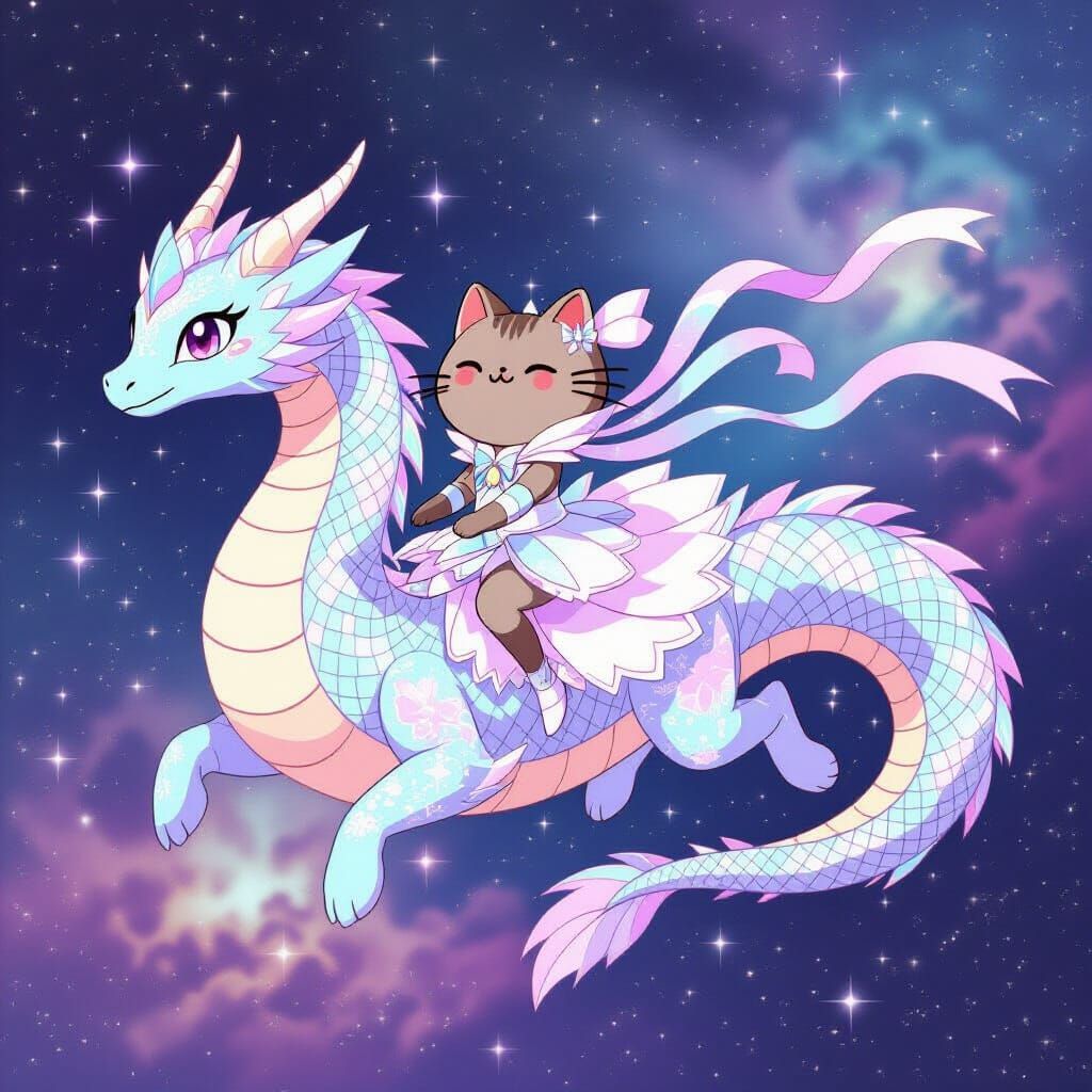 Pusheen Magical Girl Rides Cosmic Dragon