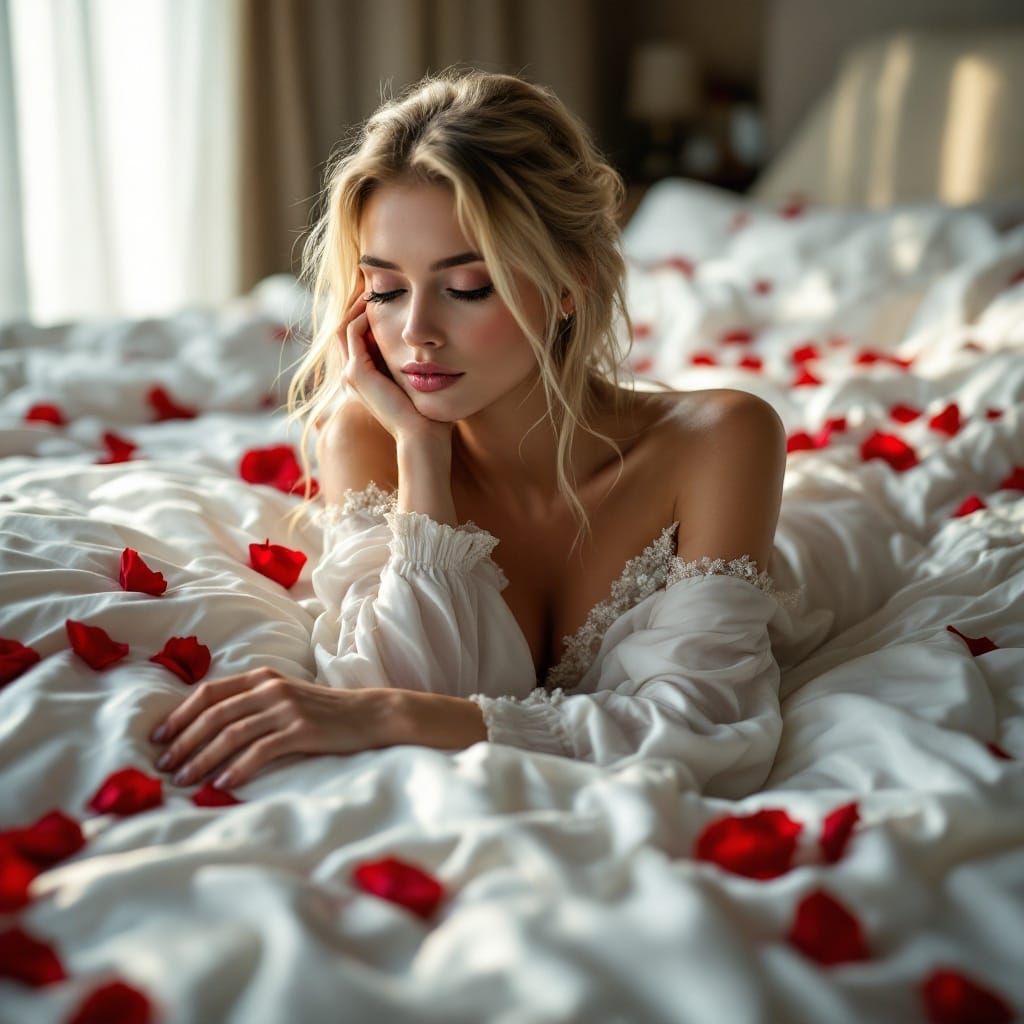 Serene Blonde Woman in Luxurious Hotel Suite