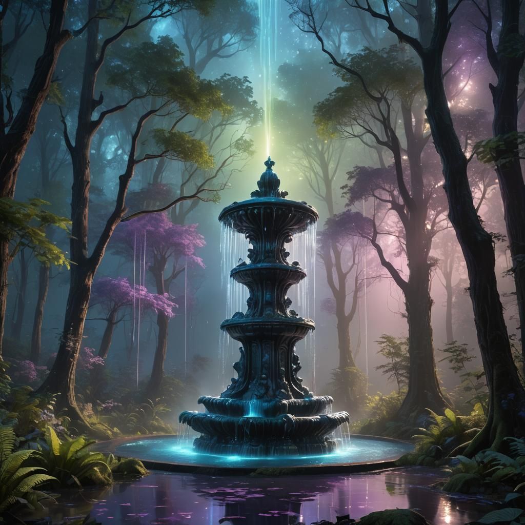 Bioluminescent Fountain in Hyperrealistic Forest