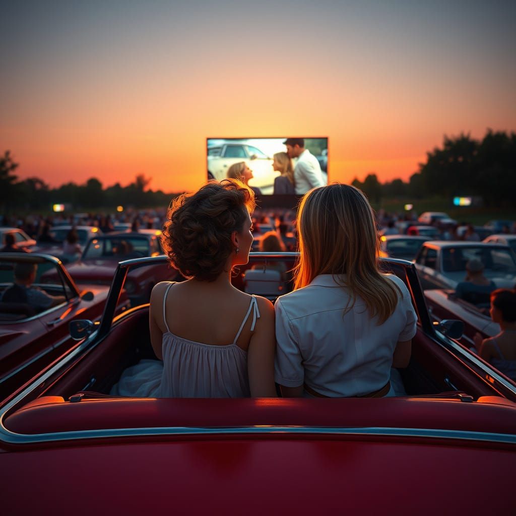 Vintage Drive-In Cinema Scene with Two Women