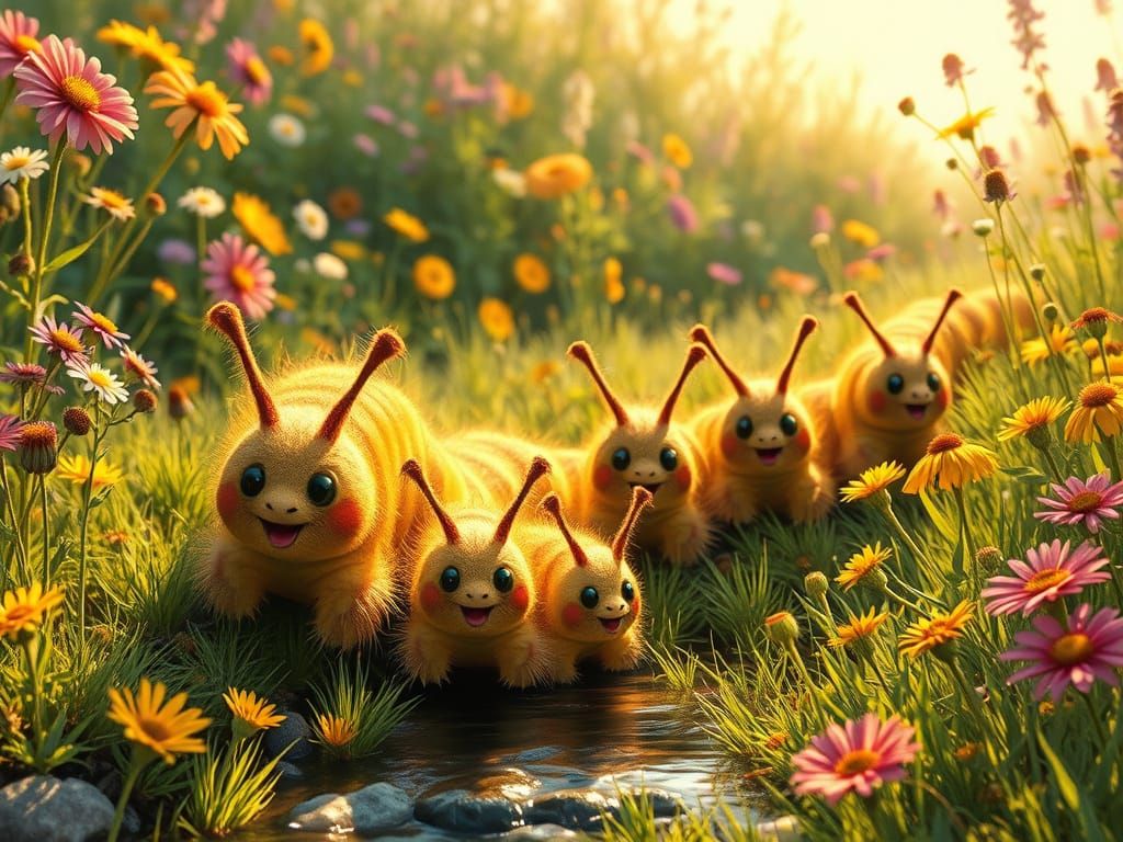 Happy Caterpillar Family in Sunny Meadow Illustration