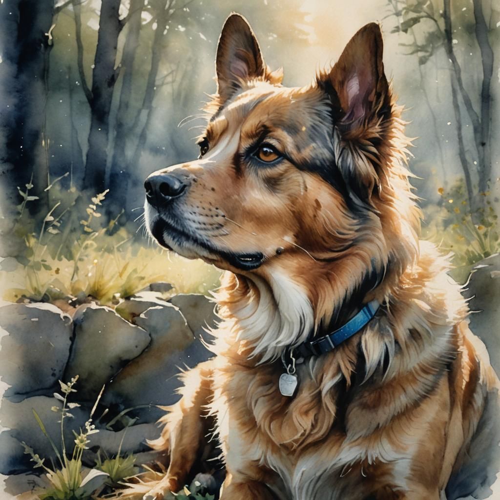 Dog Portrait in Watercolor with Sunbeam Highlights