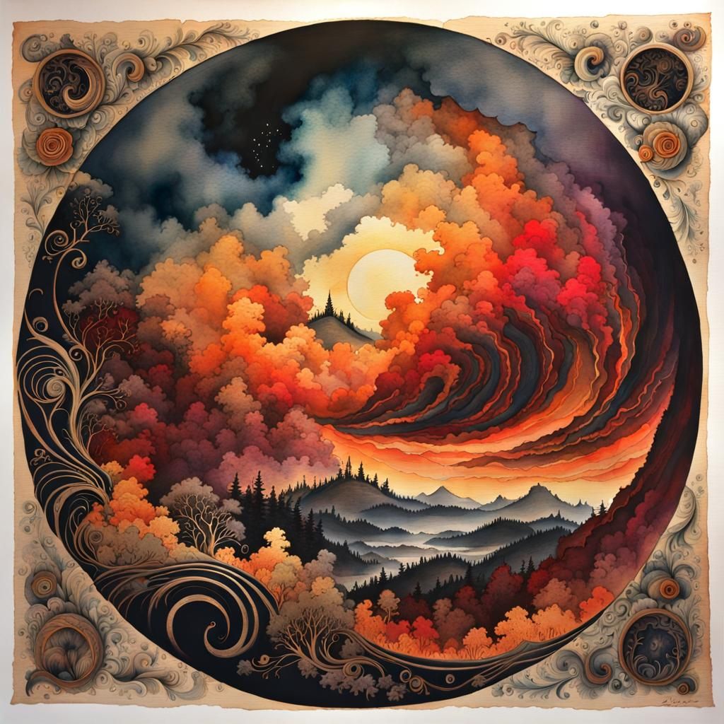 Whirling Dark Vortex in Mystical Watercolor Landscape