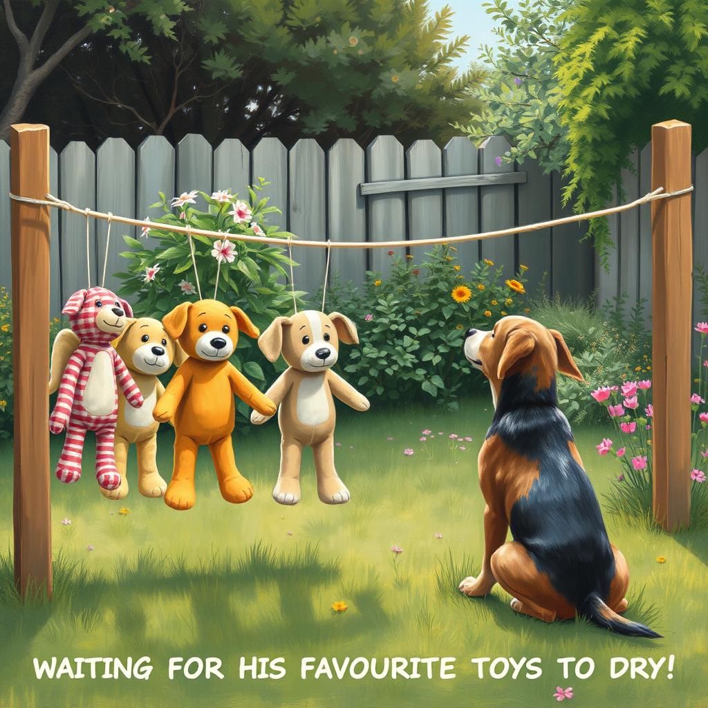 Dog Waits for Toys to Dry: Gouache Painting