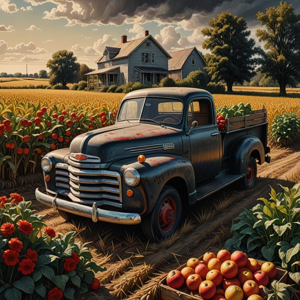 Vintage Red Truck in Charcoal Drawing Style