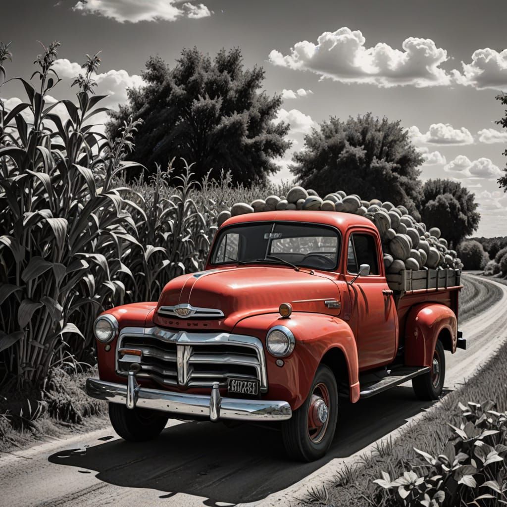 Vintage Truck with Harvest Bounty in Charcoal Style
