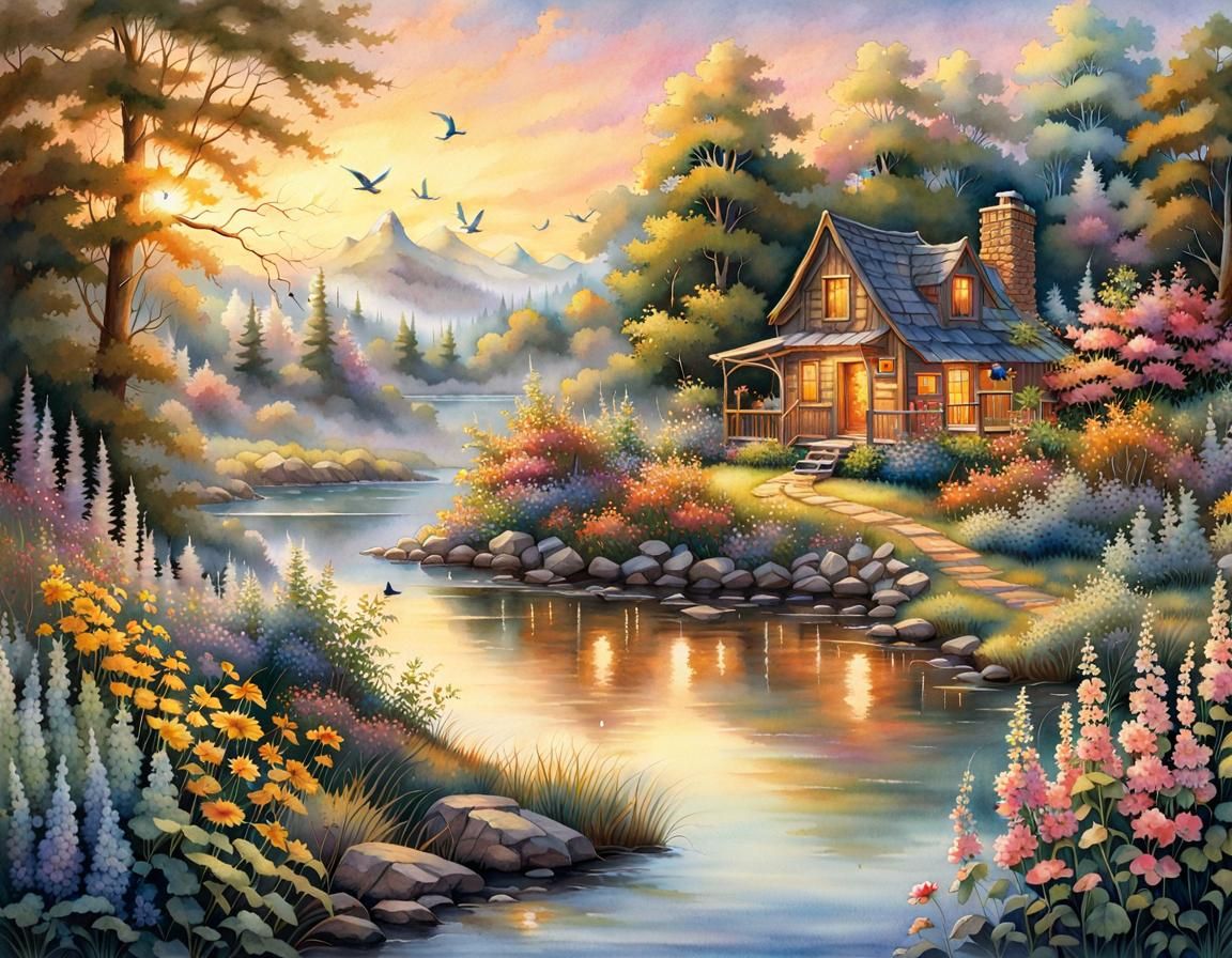 Watercolor Birds, Cabin, and Sunset Illustration