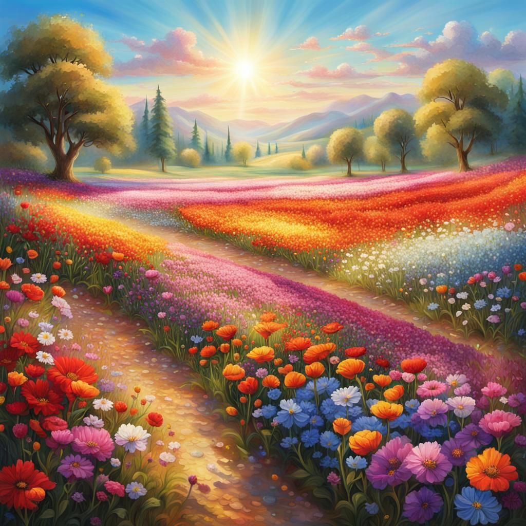 Dreamlike Flower Field Bathed in Sunlight