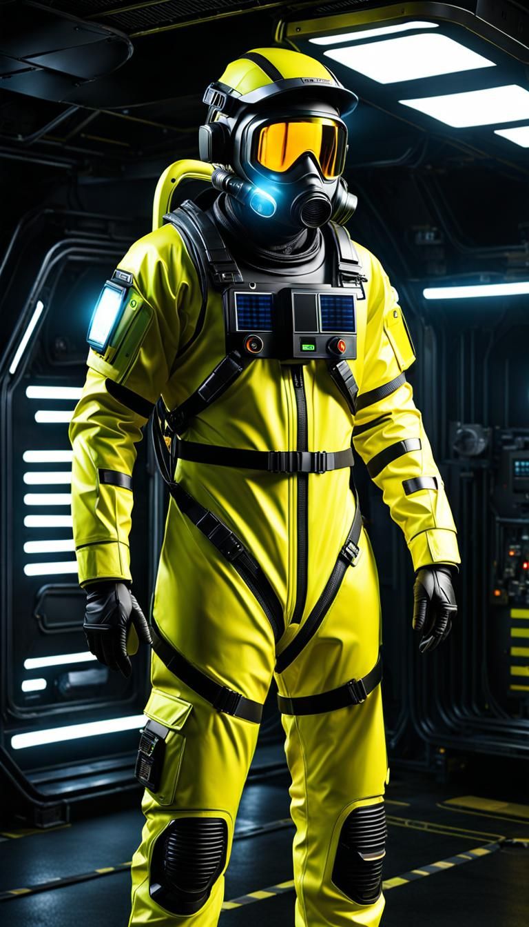 Futuristic Hazmat Suit in Dilapidated Lab