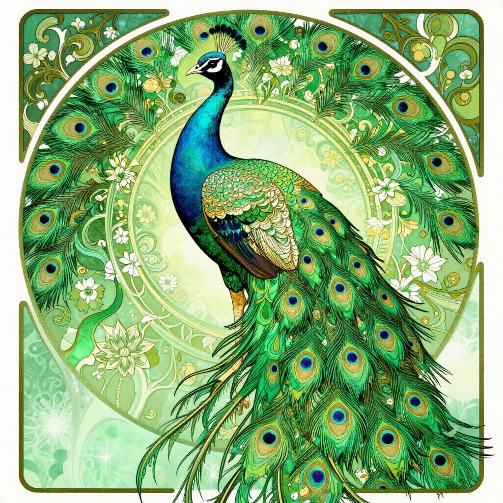 Art Nouveau Peacock in Emerald Green and Gold