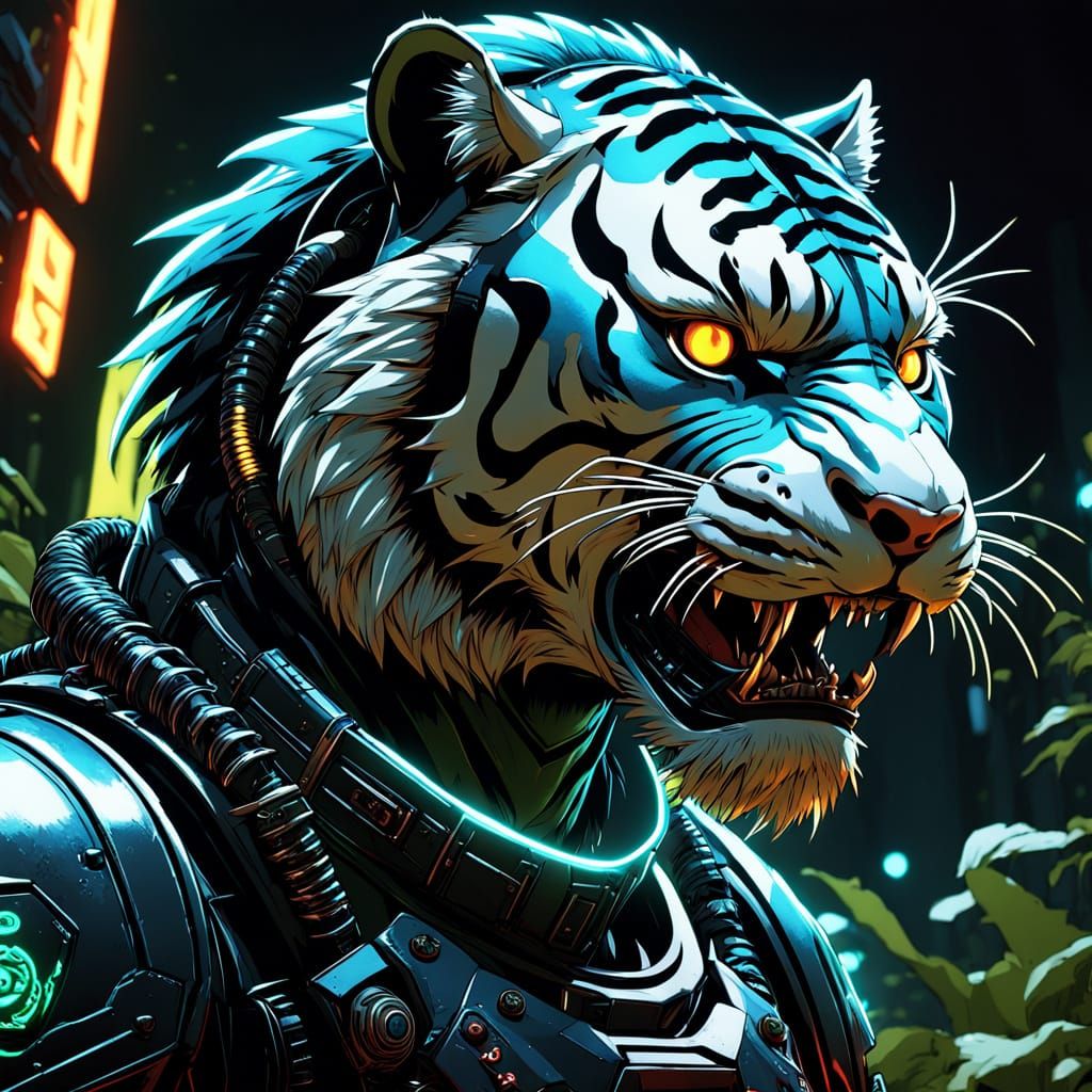 Bioluminescent Armored Tiger in Neon Jungle