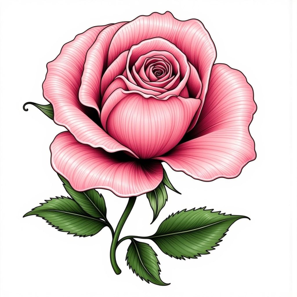 Neo-Traditional Pink Rose Tattoo Design with Zentangle Eleme...