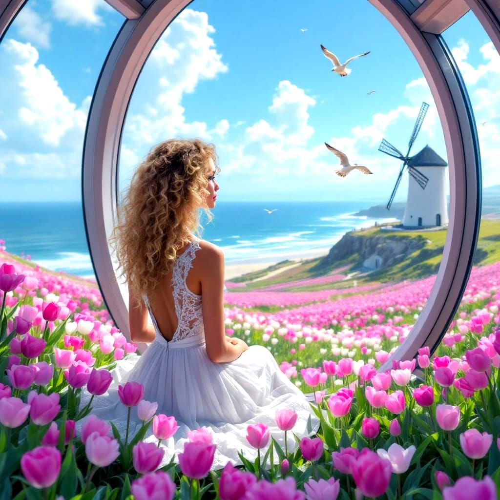 Pretty Girl Admires Vibrant Tulip Landscape in Wide-Angle Se...