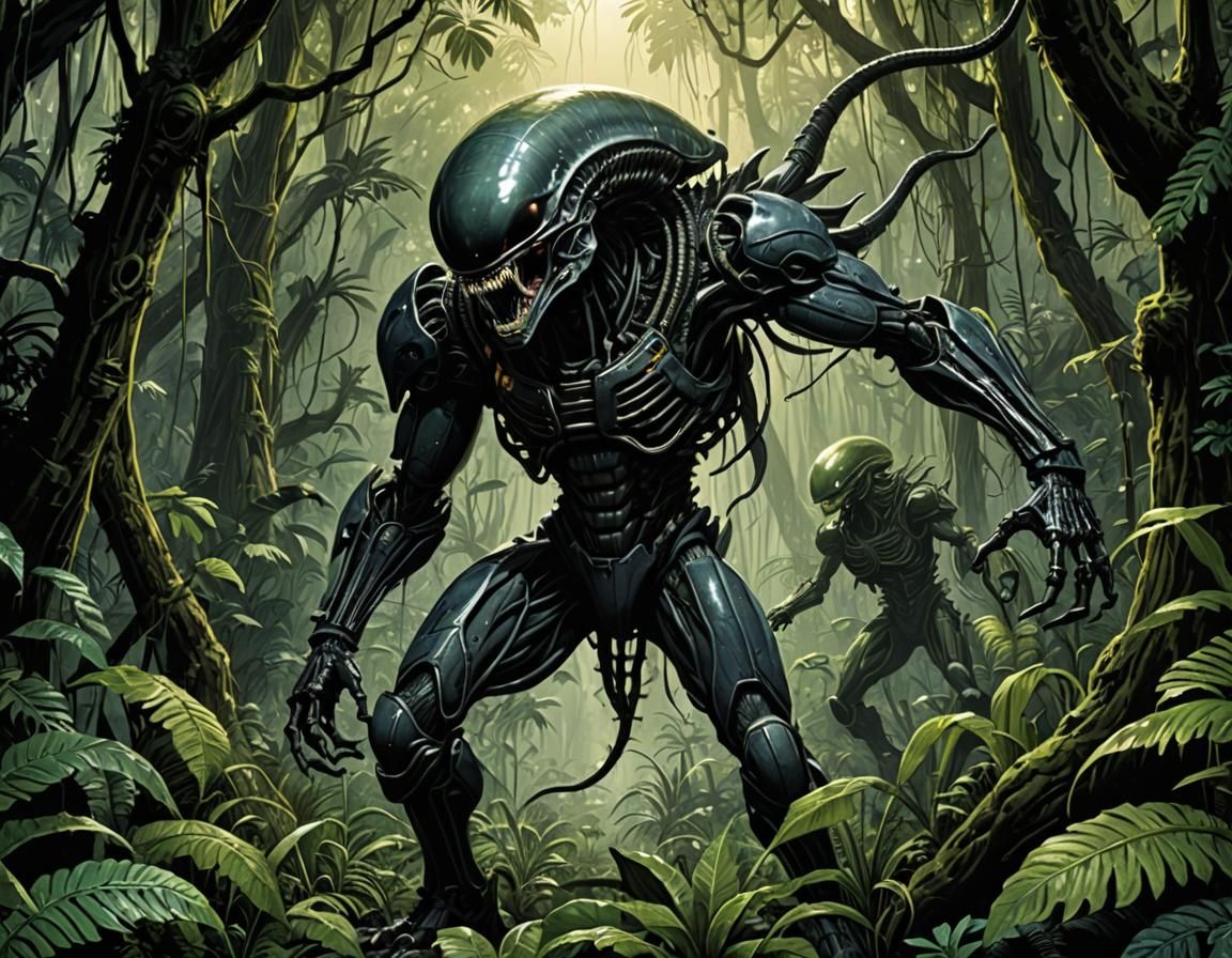 Xenomorph in Jungle, 80s Manga Style